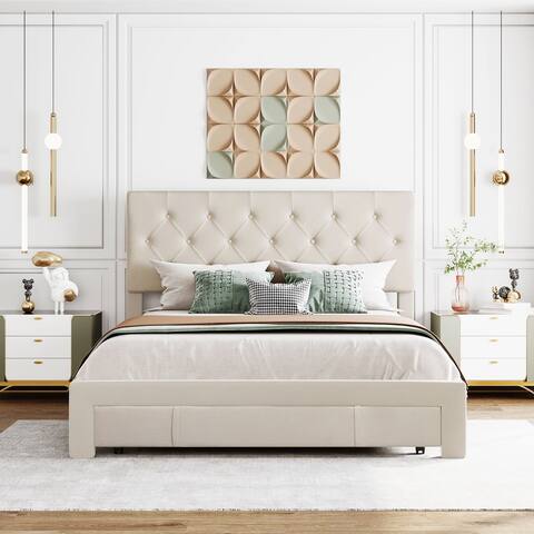 Queen Size Lozenge Pattern Upholstered Platform Bed with Removable Wheeled Footside Drawer & Tufted Headboard