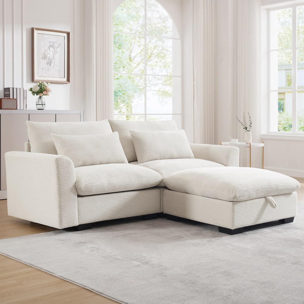 Modern L Shaped Modular Corduroy Sofa with Storage Ottoman and Plush Cushions for Living Room or Guest Room