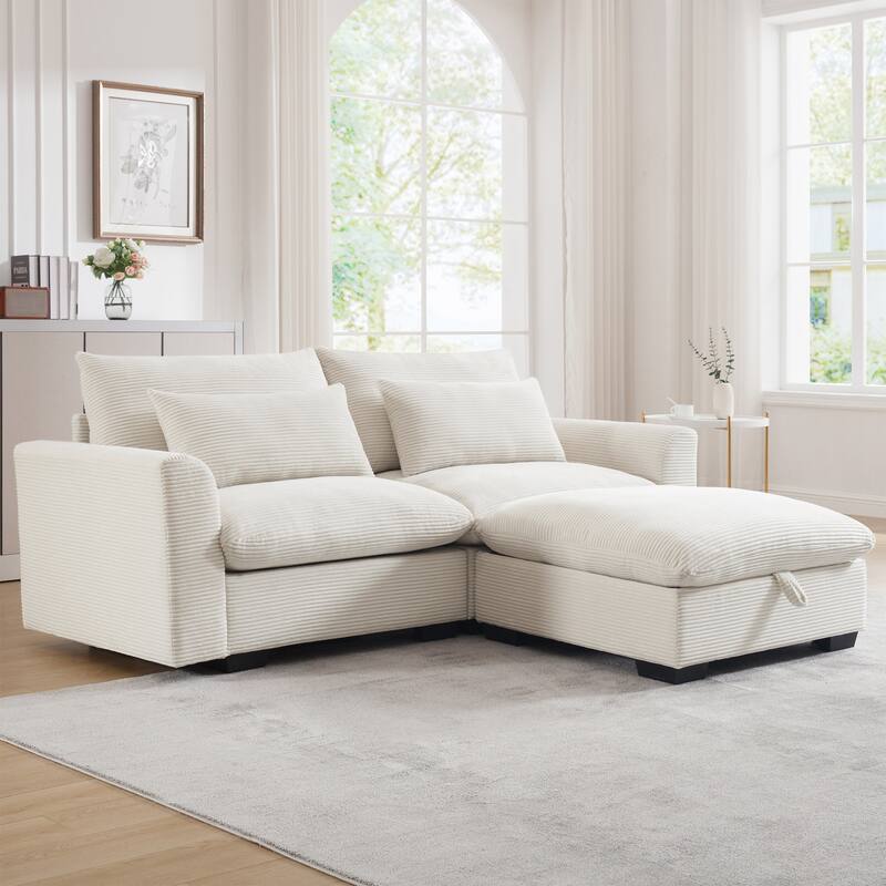 Multifunctional Loveseat Set with Storage Ottoman, Modern Sectional Sofa Corduroy Upholstered Couch with Pillows