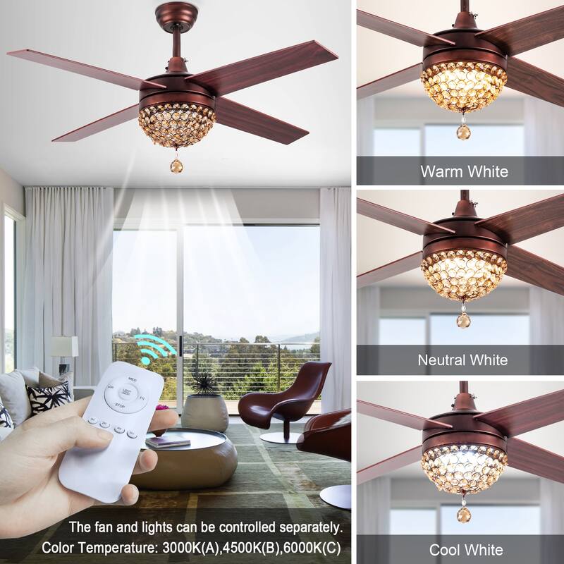 Bella Depot 52" Modern Crystal Ceiling Fan with LED Light, Reversible Ceiling Fan with Remote Control
