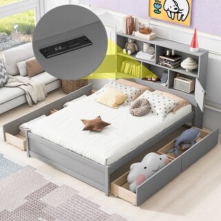 Full Size Platform Bed with Storage Headboard, Charging Station, 4-Drawers, Solid Pine Wood Bed Frame for Bedroom, Grey
