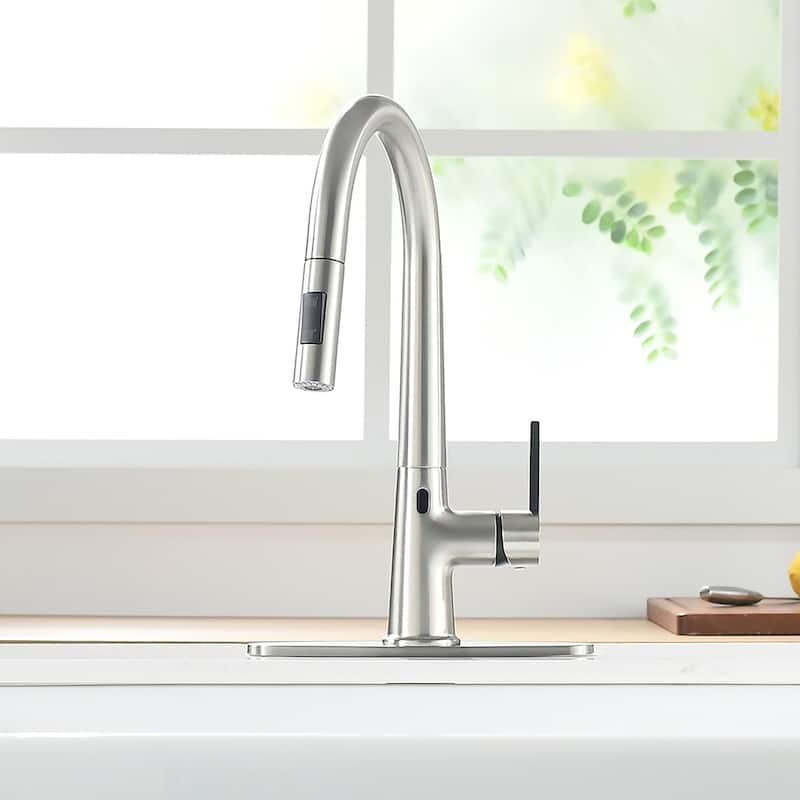 Brushed Nickel Touchless Pull-Out Single-Handle Kitchen Faucet with Deck Plate