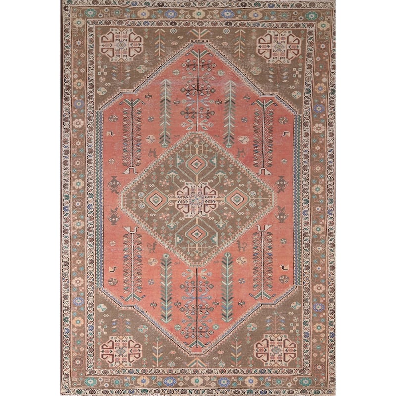 Tribal Geometric Shiraz Persian Vintage Area Rug Handmade Wool Carpet - 6'8"x 9'9"