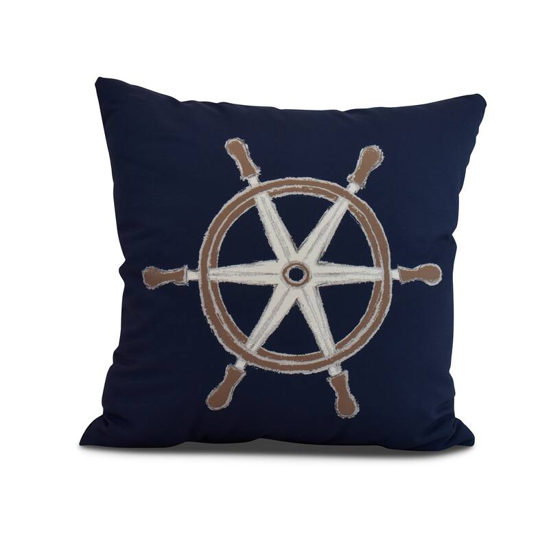 16 x 16 Inch Ship Wheel Geometric Print Outdoor Pillow - Navy