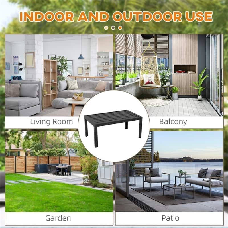 40” Black Weather Resistant Galvanized Steel Slatted Outdoor Patio Coffee Table for Terrace or Garden Use
