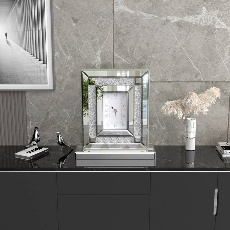 Desk Clock Large Wall Clock Crushed Diamond Mirrored Clock Table Top Decorative Clock for Home Decoration - 12x4x13 inch - Sliver