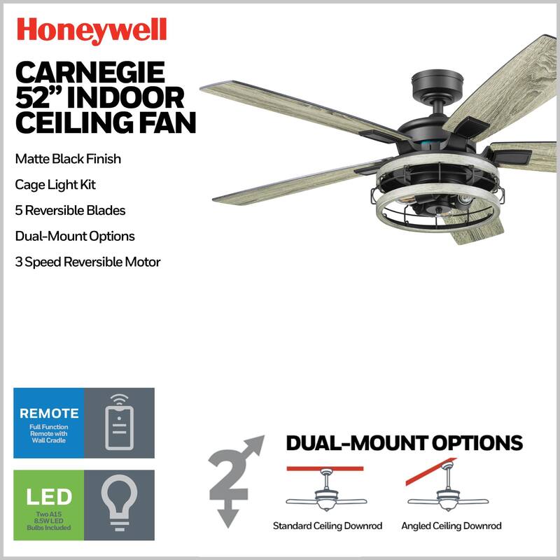 52" Honeywell Carnegie Style Indoor LED Ceiling Fan with Light, Remote Control, Dual Mounting Options, Dual Finish Blades
