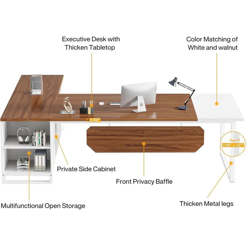 70.8" L-Shaped Executive Desk with 55" File Cabinet, Large Computer Desk with Storage Shelves/Cabinet for Home Office