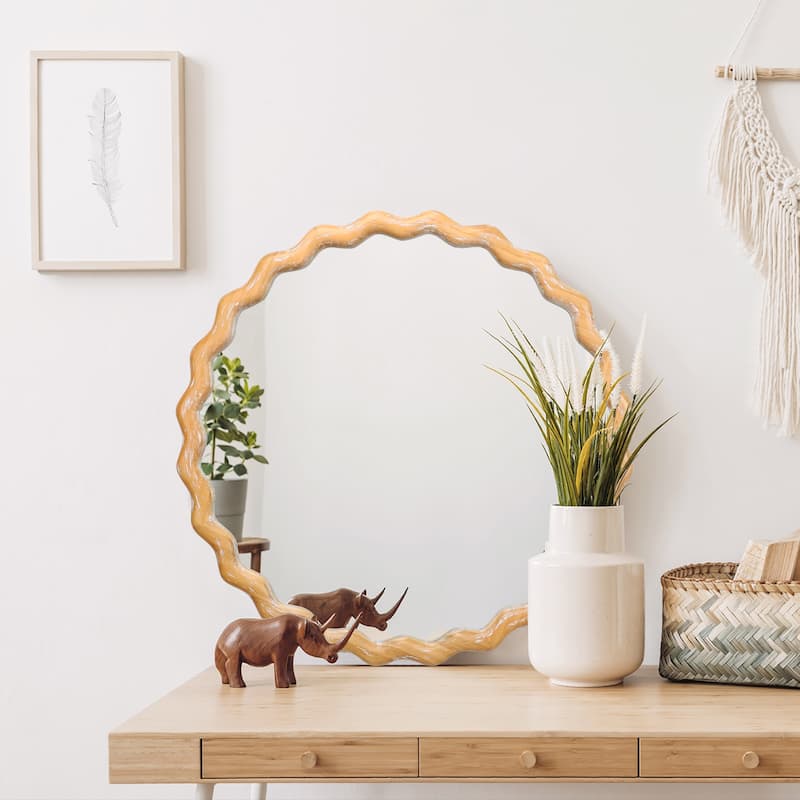 GDF Studio - Elara Wavy Round Wooden Farmhouse Wall Mirror