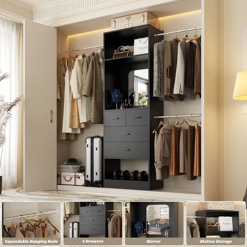 48"-96" W Wooden Closet System with 4 Wooden Drawers and Mirror, Walk-in Closet Organizer with 4 Adjustable Hanging Rods