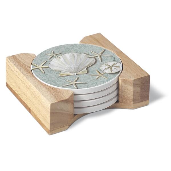 Shell Rim Coasters Round Absorbent Coasters - Set of 4 With Holder - Linen Shells Round ...