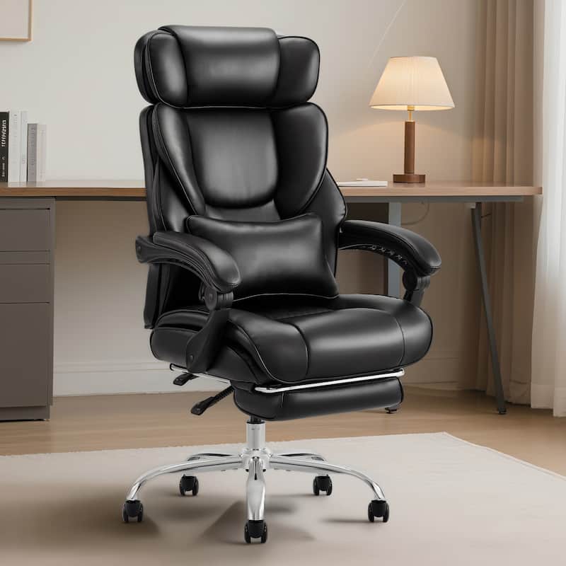 Office Chair with Footrest-Ergonomic Computer Chair with Extra Lumbar Support Pillow, Thick Bonded Leather - Black