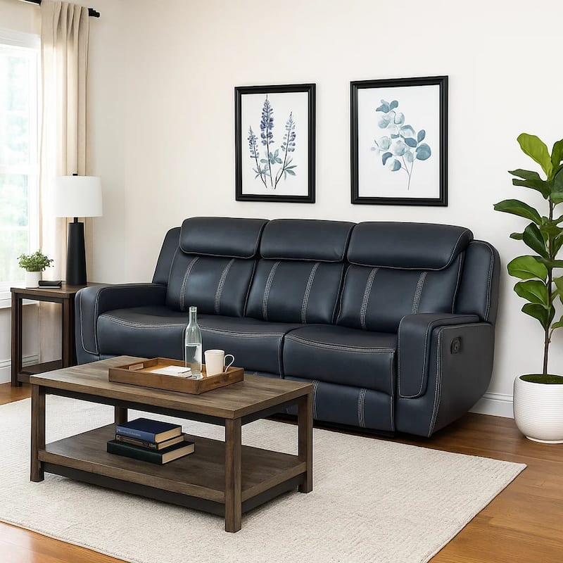 Louise 86 Inch Dual Manual Recliner Blue Faux Leather Sofa, Drop Down Table