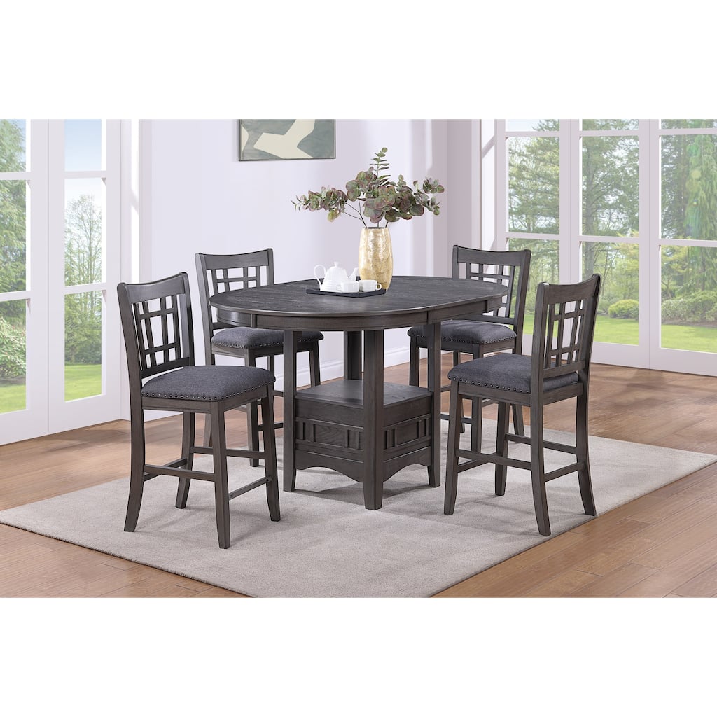 Contemporary Dining Room Counter Height 5pc Dining Set Round Table w Leaf And 4x Side Chairs Gray Finish Solid wood