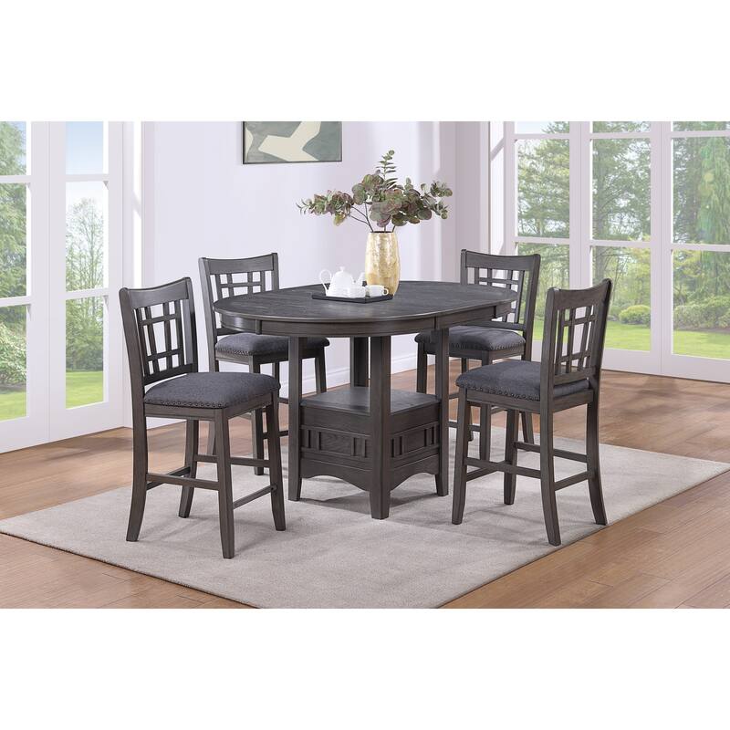 Dining Table Round Counter height Dining Table w Shelve 1pc Table Only Built In Leaf Solid wood Gray Finish