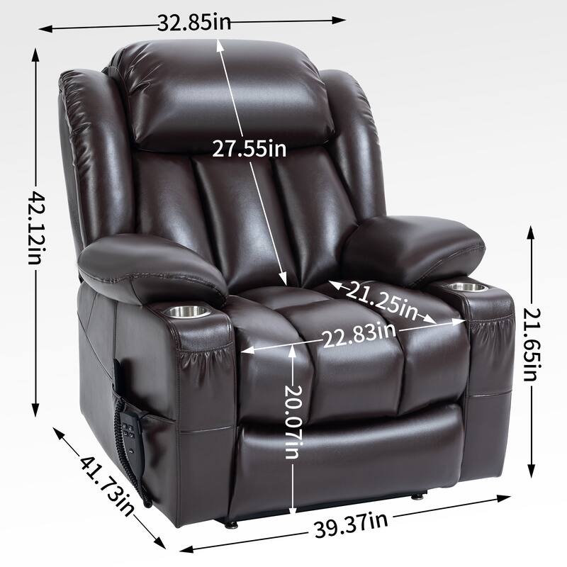 Dual Motor Power Lift Recliner Chair for Adults, Lay Flat Faux Leather Recliners w/Massage Heat, Cup Holders, Infinite Position