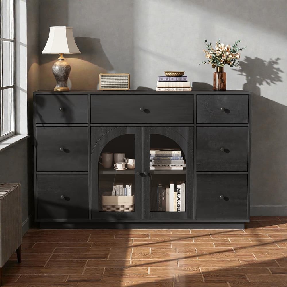 55'' Storage Cabinet with 7 Drawers and 2 Doors, Modern Sideboard with Adjustable Shelves for Living Room
