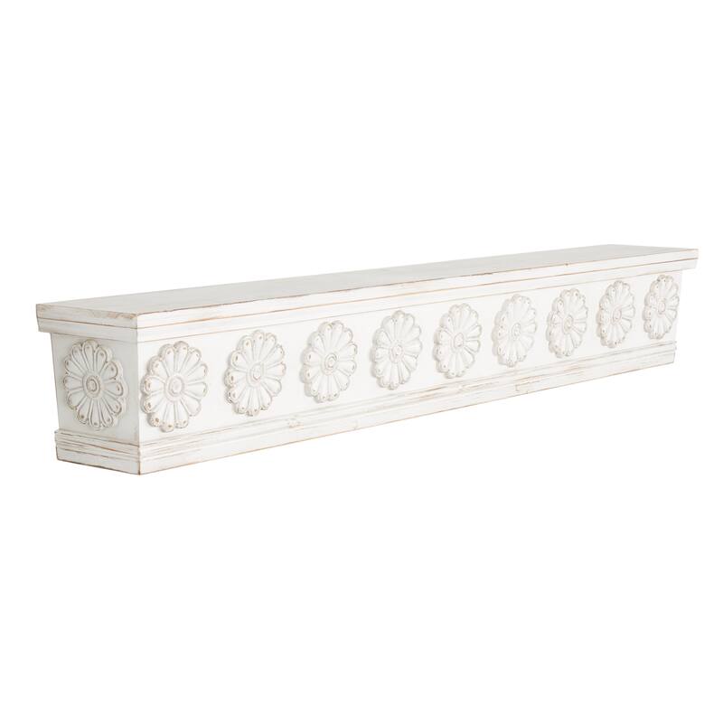 White Wooden Floral Room Wall Shelf with Brown Distressing