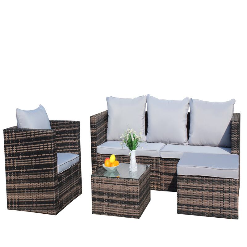Outdoor 4-Piece PE Rattan Wicker Cushioned Sofa Set and Coffee Table