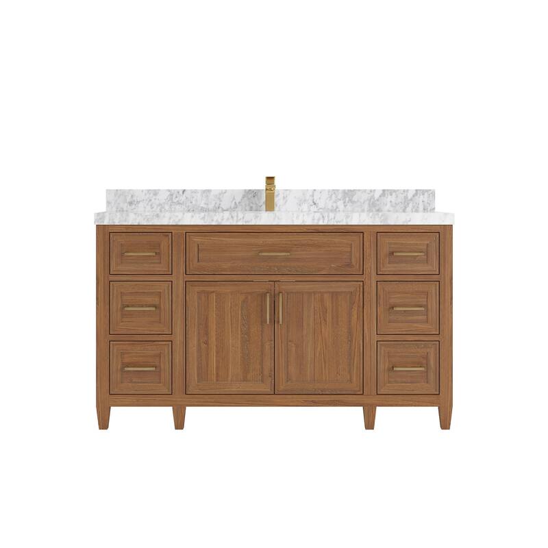 Willow Collections 60 in. W x 22 in. D Santa Monica Teak Single Sink Bathroom Vanity with Countertop - 2”Carrara Marble - Dark Natural