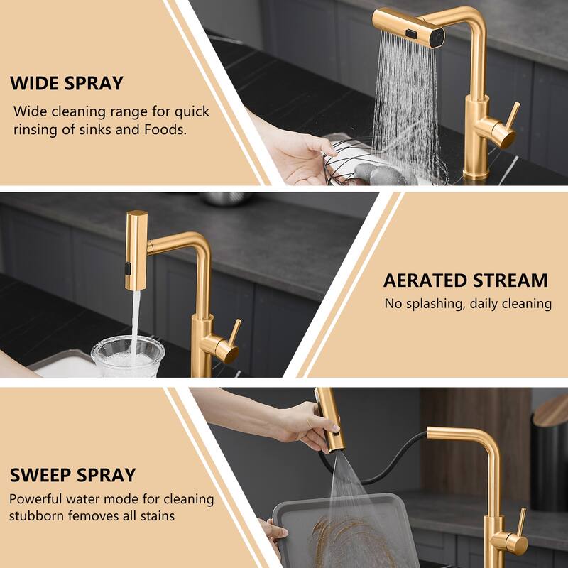 Brushed Gold Stainless Steel Pull-out Single Handle Wide Spray Kitchen Faucet