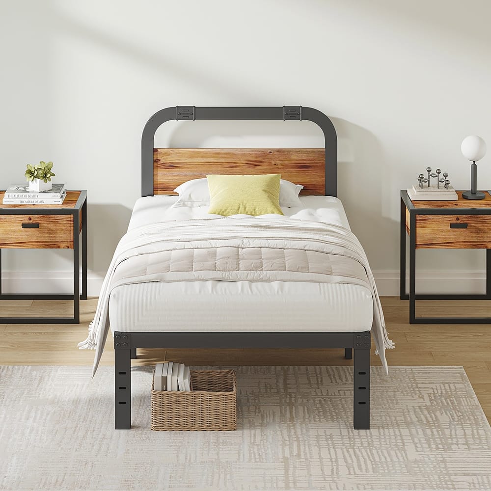 Bed Frame 14 Inch Rustic Wood Headboard, Heavy Duty Steel Slats Support, No Box Spring Needed