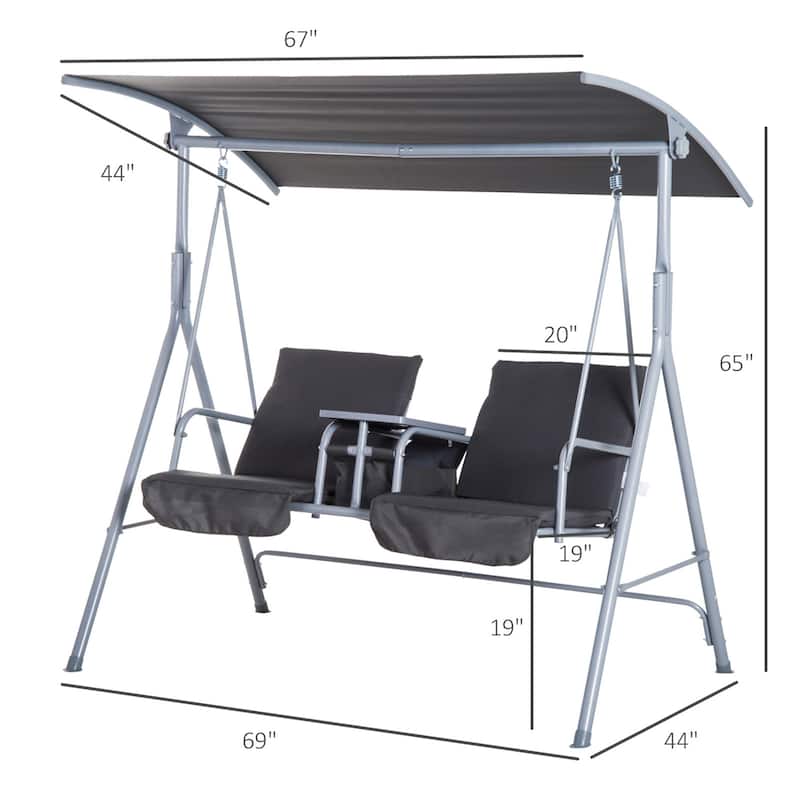 Steel 2-Person Porch Swing with Stand and Canopy - Outdoor Patio Swing with Storage Table and Cup Holders