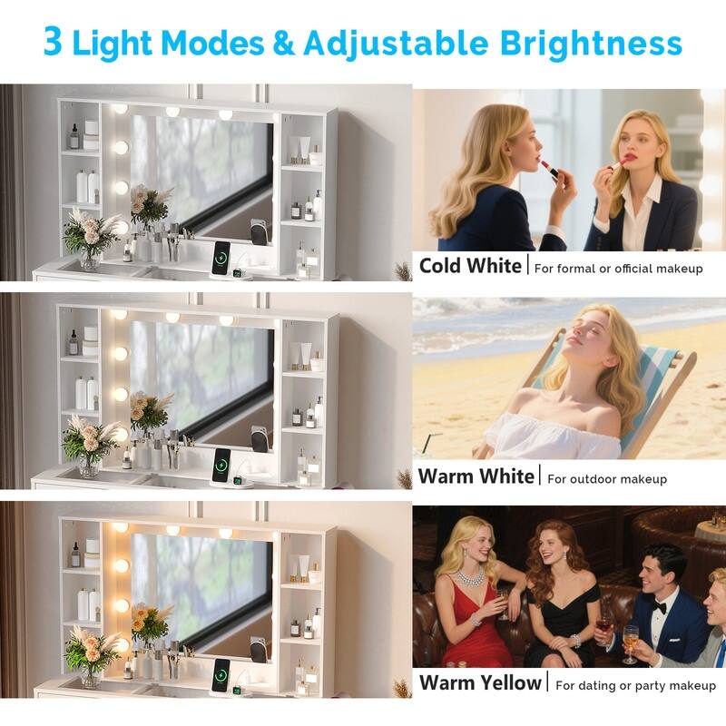 Particle Board Veneered 3 Drawers 2 Glass Doors Left and Right 2-tier Shelves Glass Tabletop Dressing Table - N/A