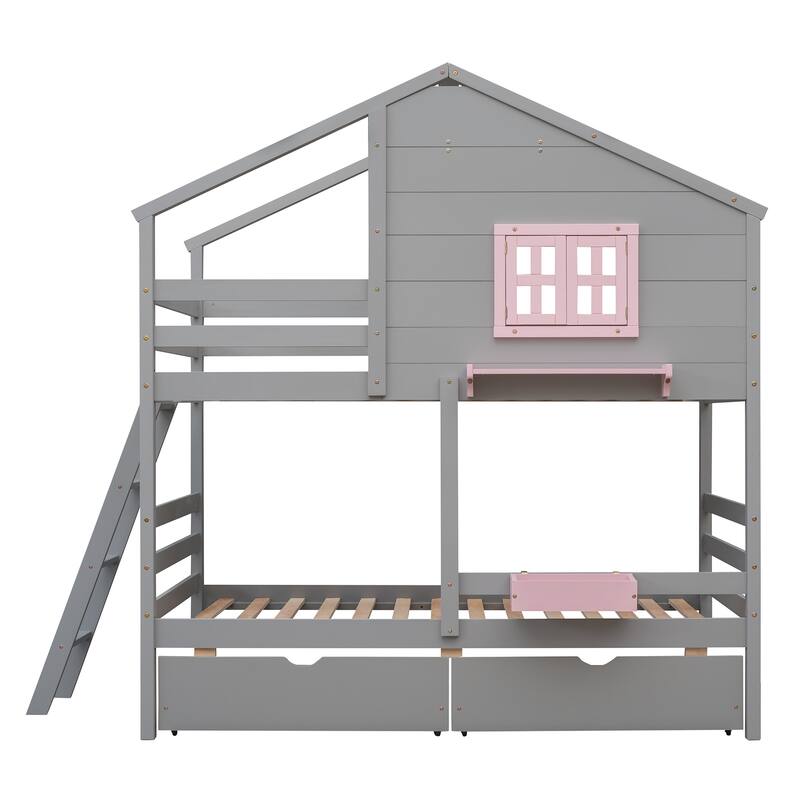 Bunk Bed with 2 Drawers, 1 Storage Box, 1 Shelf, Window and Roof