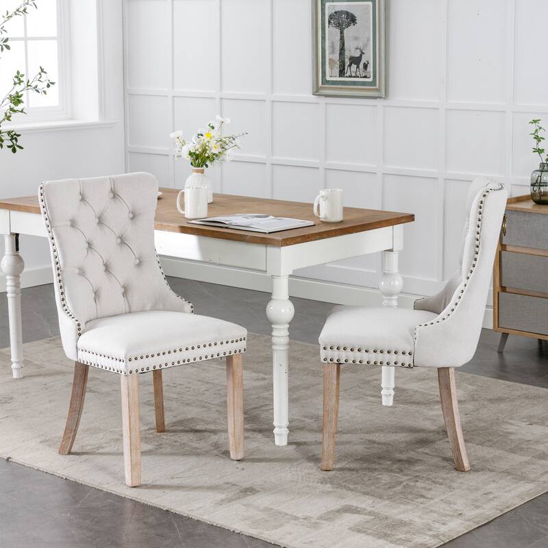 Linen Upholstered Dining Chairs Set of 2, Tufted Kitchen Side Chairs, Dining Room Chair with Solid Wood Legs & Nailhead Trim