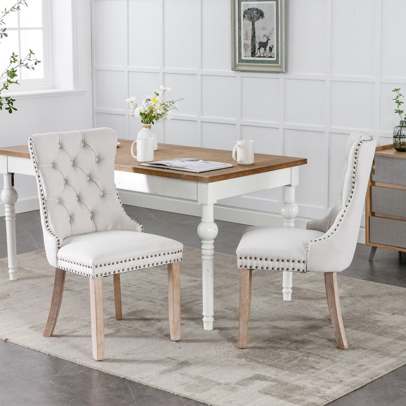 Modern Tufted Dining Chair with Wood Legs, Nailhead Trim, Set of 2