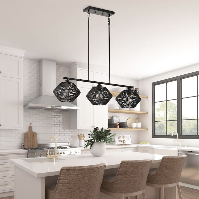 Farmhouse Matte Black 3-Light Chandelier with Paper Rope Lampshade