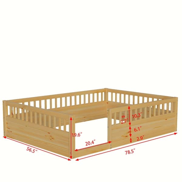 dimension image slide 1 of 3, Solid Full Wooden Floor Bed Frame with Safety Fence for Kids, Low to Ground Design for Bedroom and Playroom Use, Natural