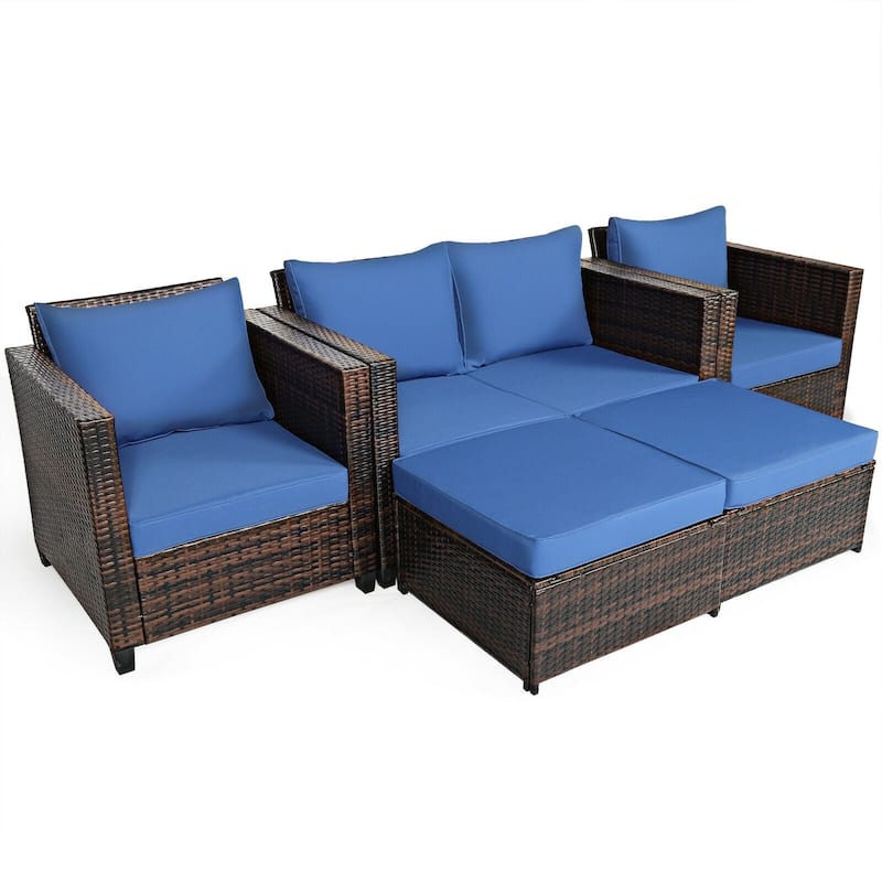 5 Pieces Patio Cushioned Rattan Furniture Set - 50" x 30.5" x 29" (L x W x H)