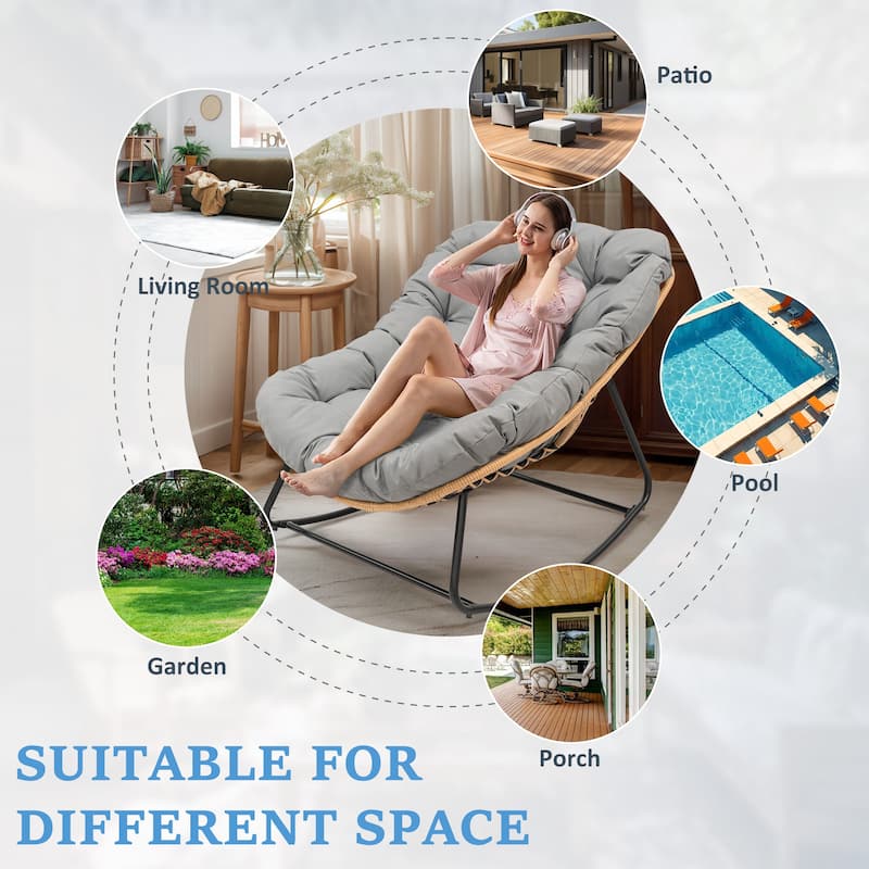 Outdoor Papasan Rocking Chair, Patio Chair Indoor Egg Royal Rattan Rocking Chair with Cushion - 33" W x 16.1" D x 29.9" H