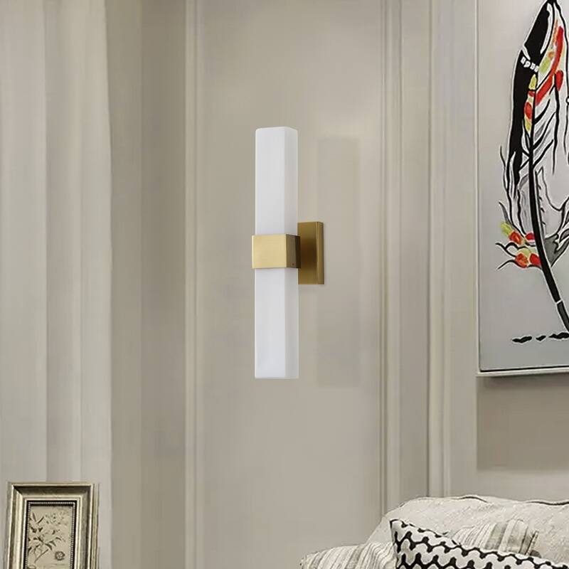 Aiwen Modern 1-Light LED Wall Sconce Electroplated Brass Finish with White Jade Acid-Washed Glass Shade