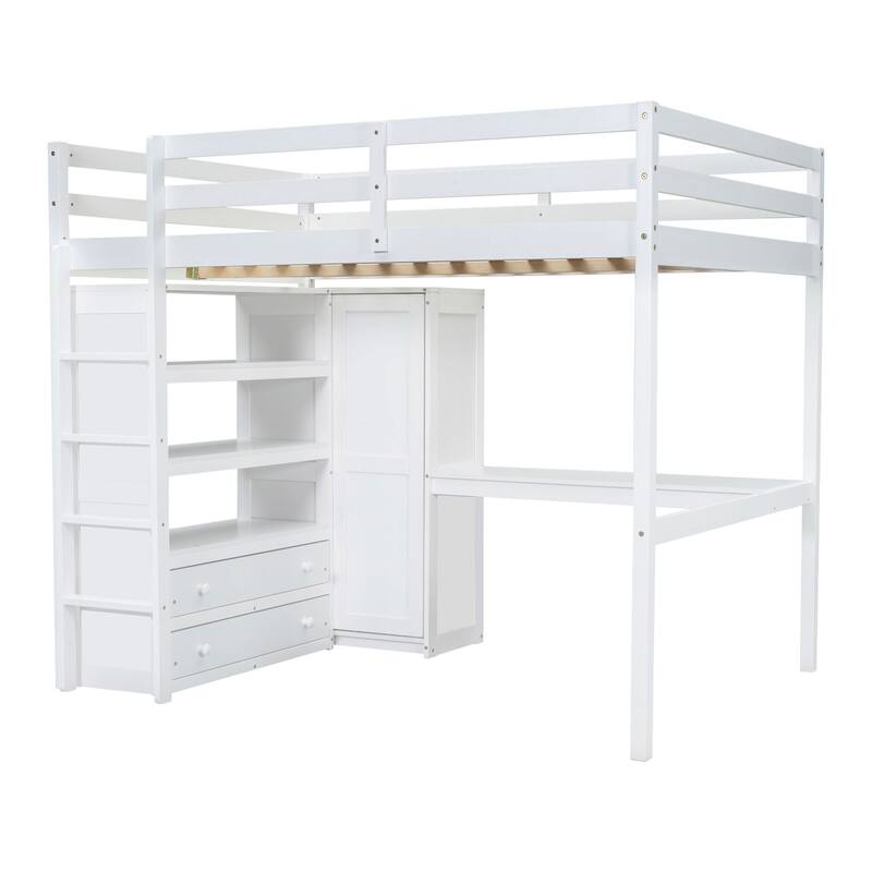Full Size Loft Bed with Built-in Wardrobe, Desk, Storage Shelves, and Drawers, White