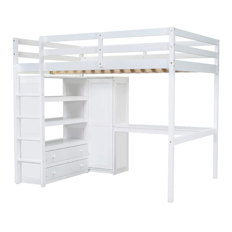 Full Size Wooden Loft Bed with Closet, Integrated Desk, Bookshelves, Drawers & Safety Ladder