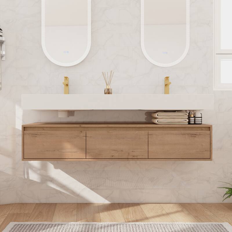 Beingnext 30"/60" Wall Mounted Bathroom Vanity with Sink, Floating Bathroom Vanity with Soft Close Drawer - 60''W - Imitative Oak-60" Sink