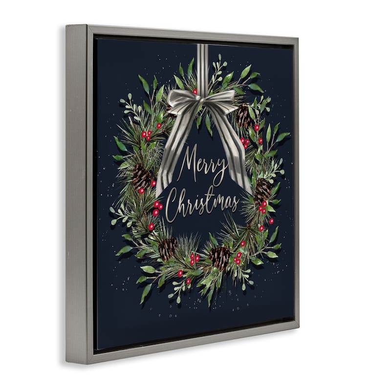Stupell Hanging Christmas Wreath with Bow Framed Floater Canvas Wall Art Design By Elizabeth Tyndall