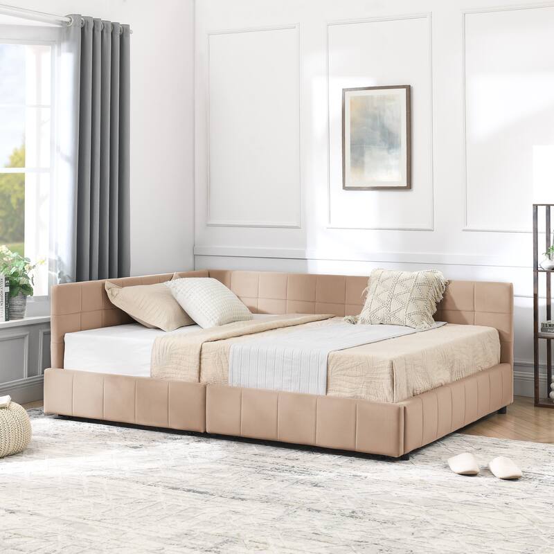 L-shaped Velvet Upholstered Daybed Tufted Sofa Bed with Soft Backrest Armrests - and Optional Corner Storage Day Bed