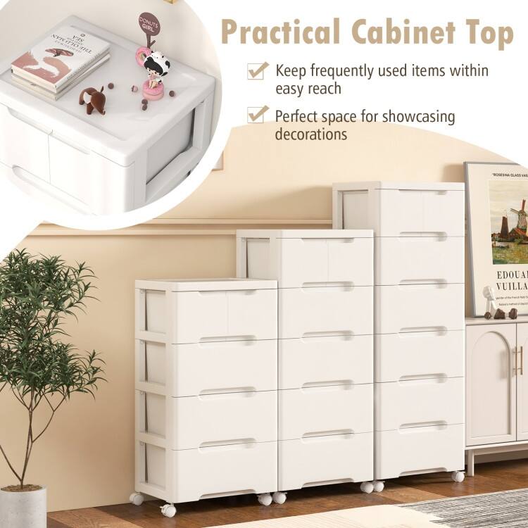 Multi-Drawer White PP Mobile Storage Organizer with Locking Wheels for Bathroom or Kids Room