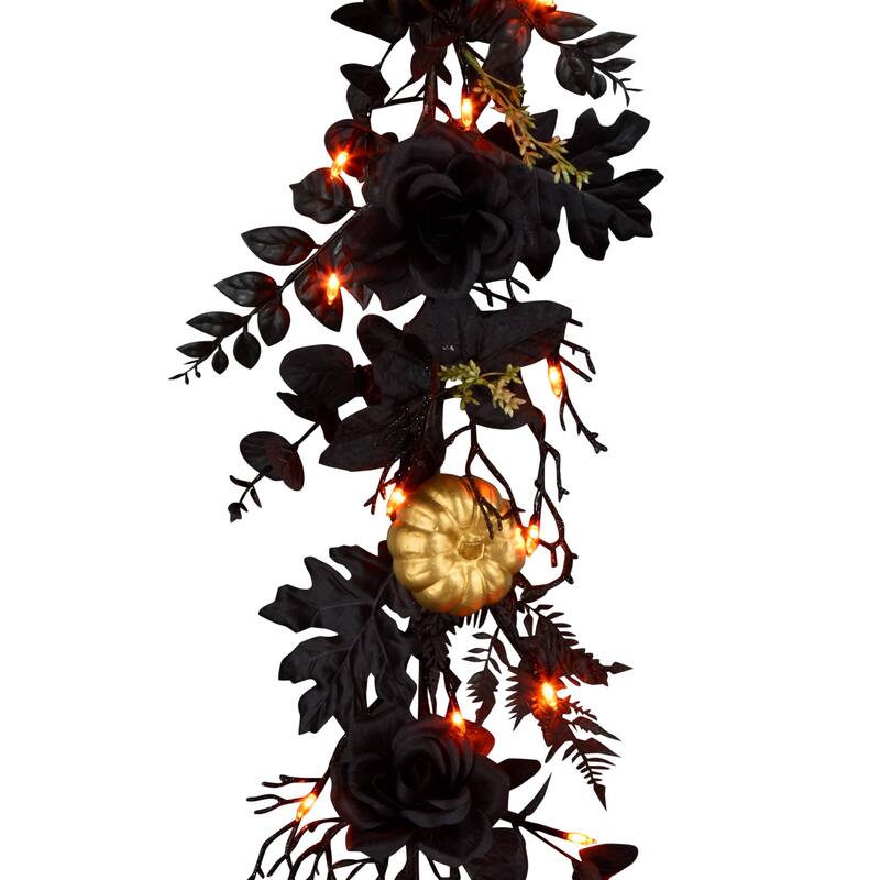 National Tree Company 6 ft. Artificial Chic Eek Black and Gold Halloween Garland, 50 Orange LED Lights, Battery Operated - 6 ft