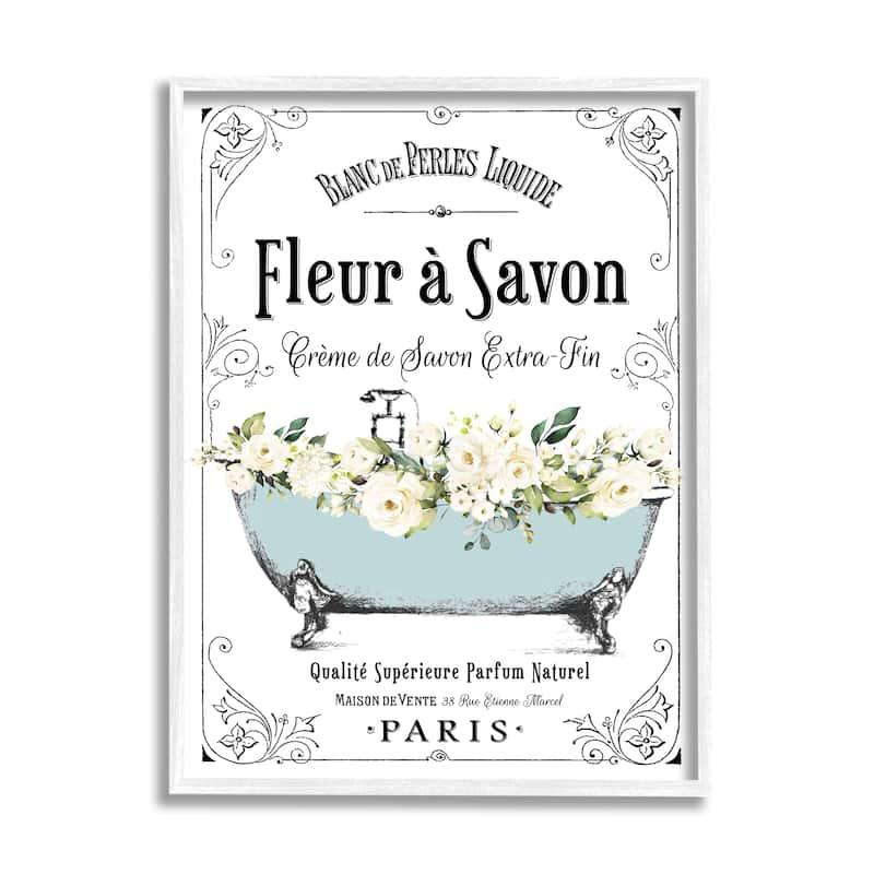 Stupell Vintage Parisian Bathroom Advertisement Floral Blue Tub Framed Wall Art - White