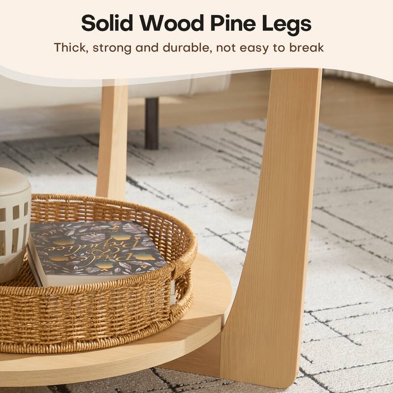 31.5" Round Coffee Table with Solid Wood Legs and 2-Tier Storage - 31.5"Dia x 17.72"H