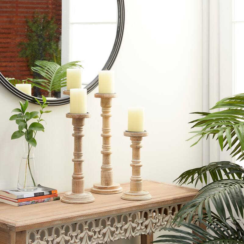 Mango Wood Candle Holder - Set of 3 Brown - Roche River Decor - 6"W x 6"L x 17"H