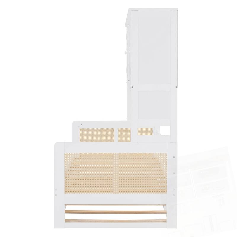 Wooden Daybed With Twin Size Trundle and All-in-One Cabinet and Shelf