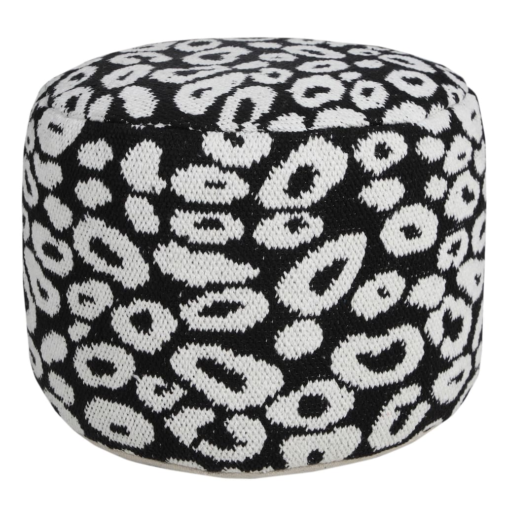 18" White and Black Leopard Print Round Pouf Ottoman