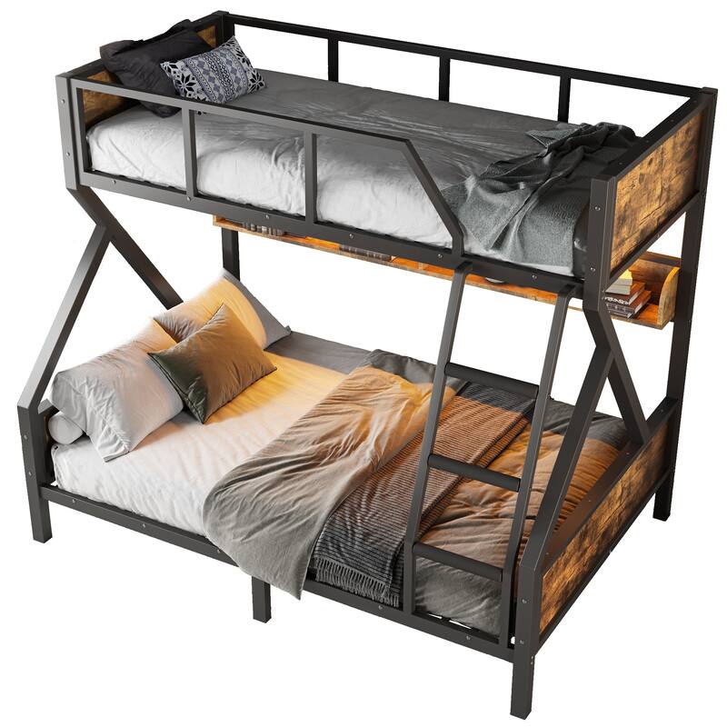 Twin over Full Bunk Bed, Metal Bunk Bed with Storage Shelves and Lights, Space-saving & Noise-free Design, Woodgrain