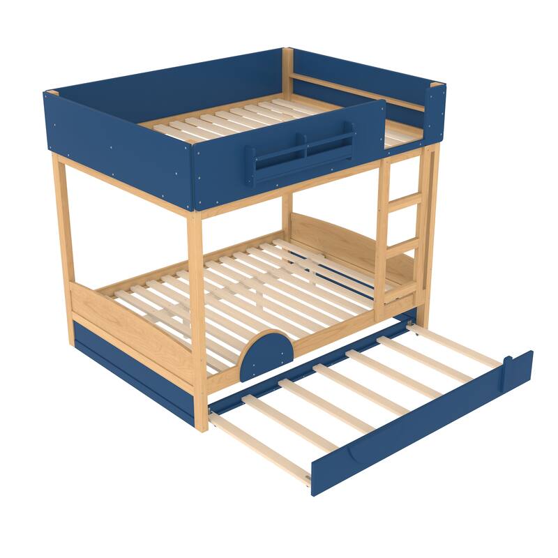 Roomfitters Car Shaped Bunk Bed with Trundle and Bookshelf, Solid Wood Auto Frame